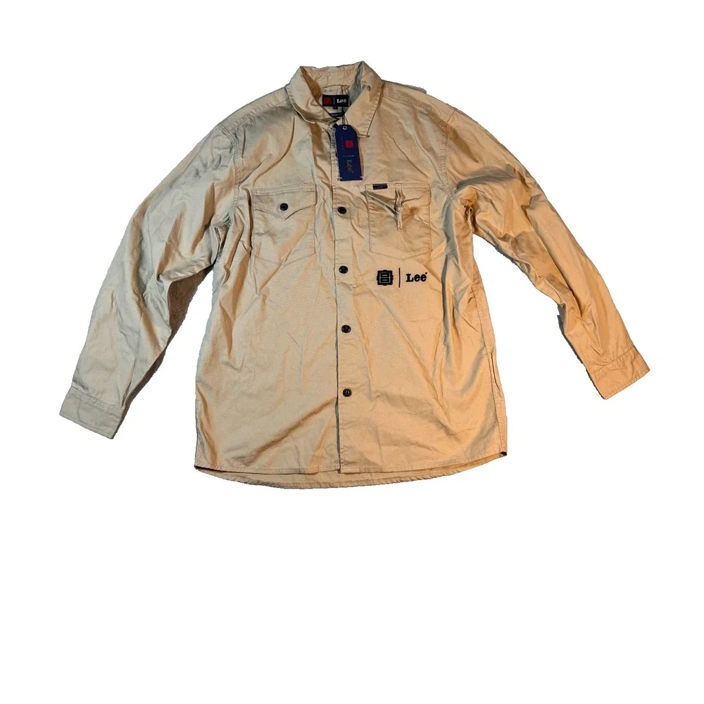 Rare Lee Tan Button‎ Up Shirt Mens Size XL Chinese Forbidden City Crane Bird Tan